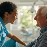 Dentist talking warmly with an older man during a tooth replacement consultation